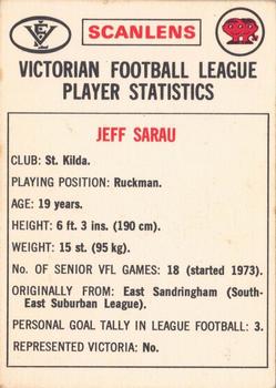 1974 Scanlens VFL #115 Jeff Sarau Back